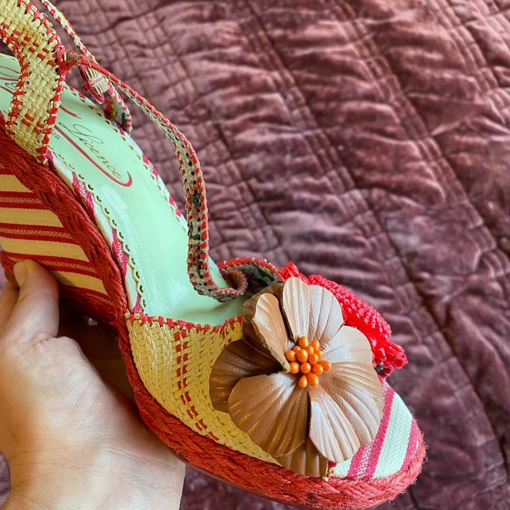 Poetic License More is More Retro Red Wedge Heels Floral Ankle Strap